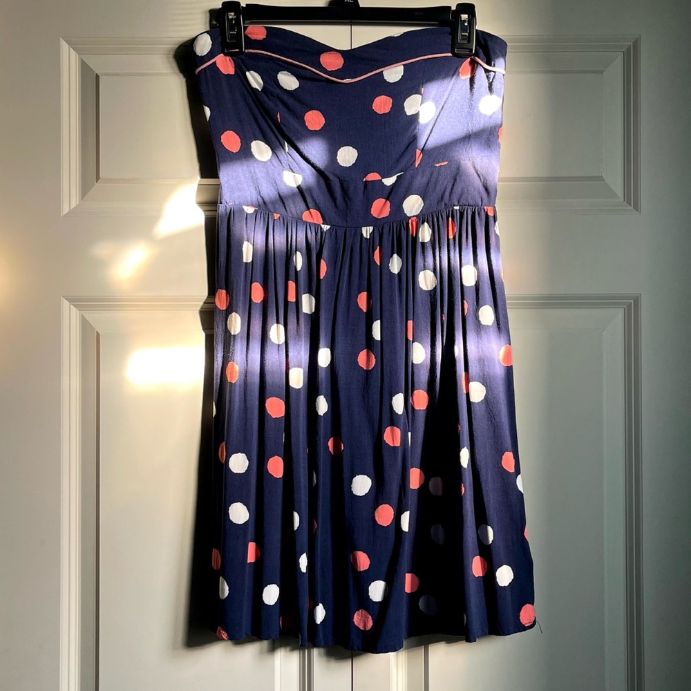 Xhilaration Strapless Navy Peach White Polka Dot A-Line Dress